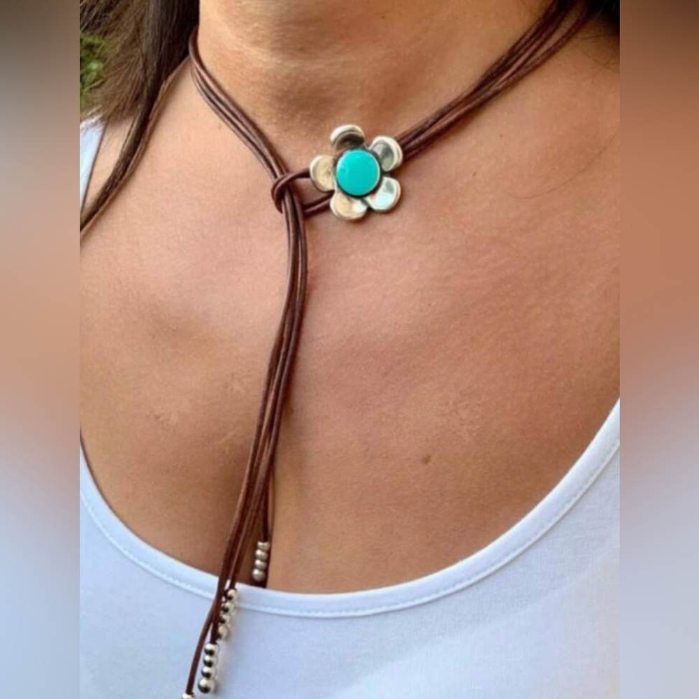 Anthropologie Brown Leather Lariat Necklace with Turquoise Flower Accent